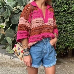 Zara Oversized Crochet Knit Short Sleeve Color-Block Sweater Polo Size Small/Med